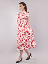 Clobug Women Short Sleeve Printed Midi White Dress