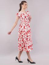 Clobug Women Short Sleeve Printed Midi White Dress