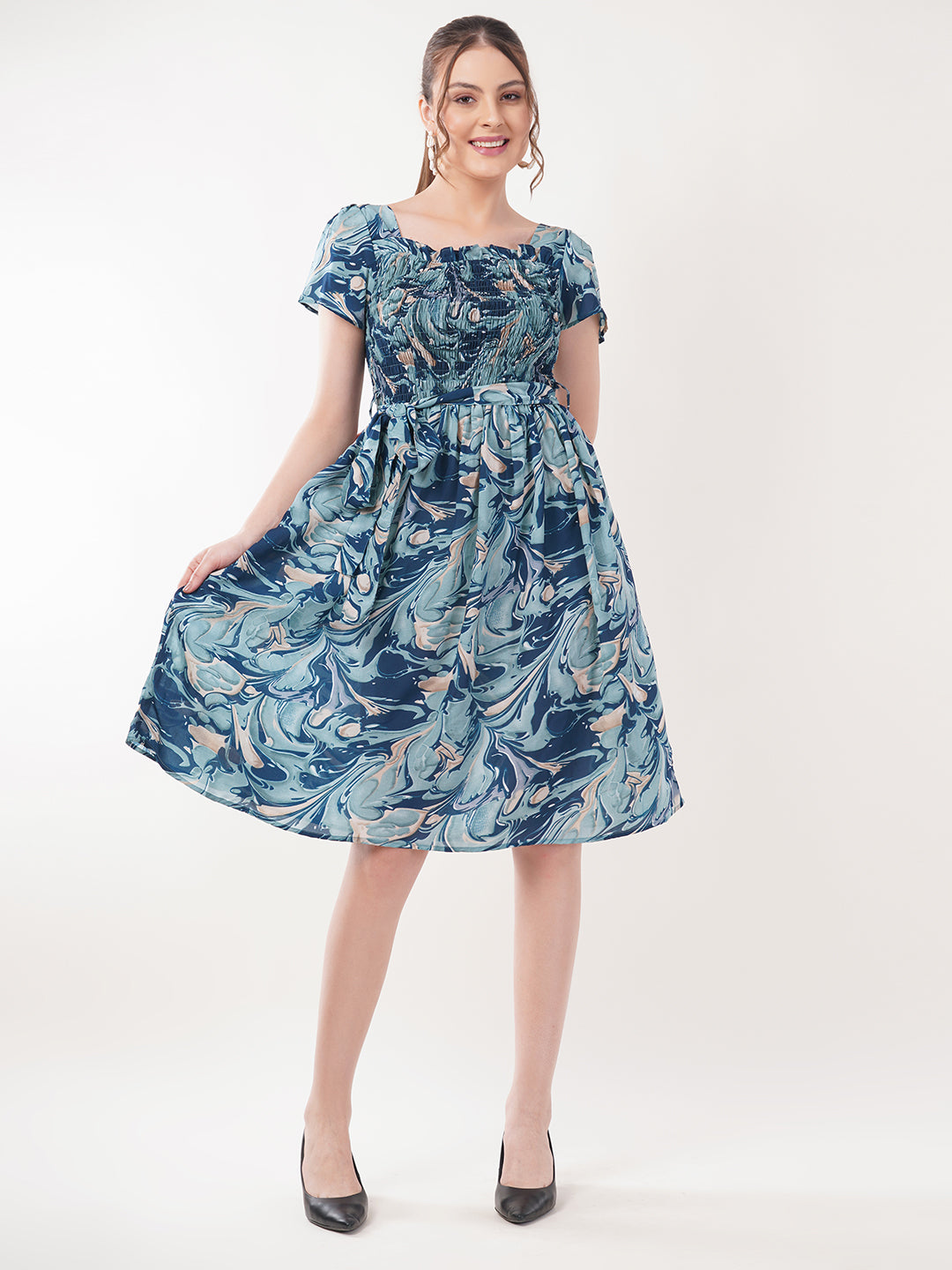 Clobug Women Short Sleeve Printed Fit and Flared Dress