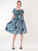 Clobug Women Short Sleeve Printed Fit and Flared Dress