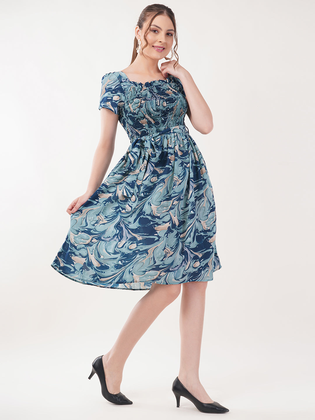 Clobug Women Short Sleeve Printed Fit and Flared Dress