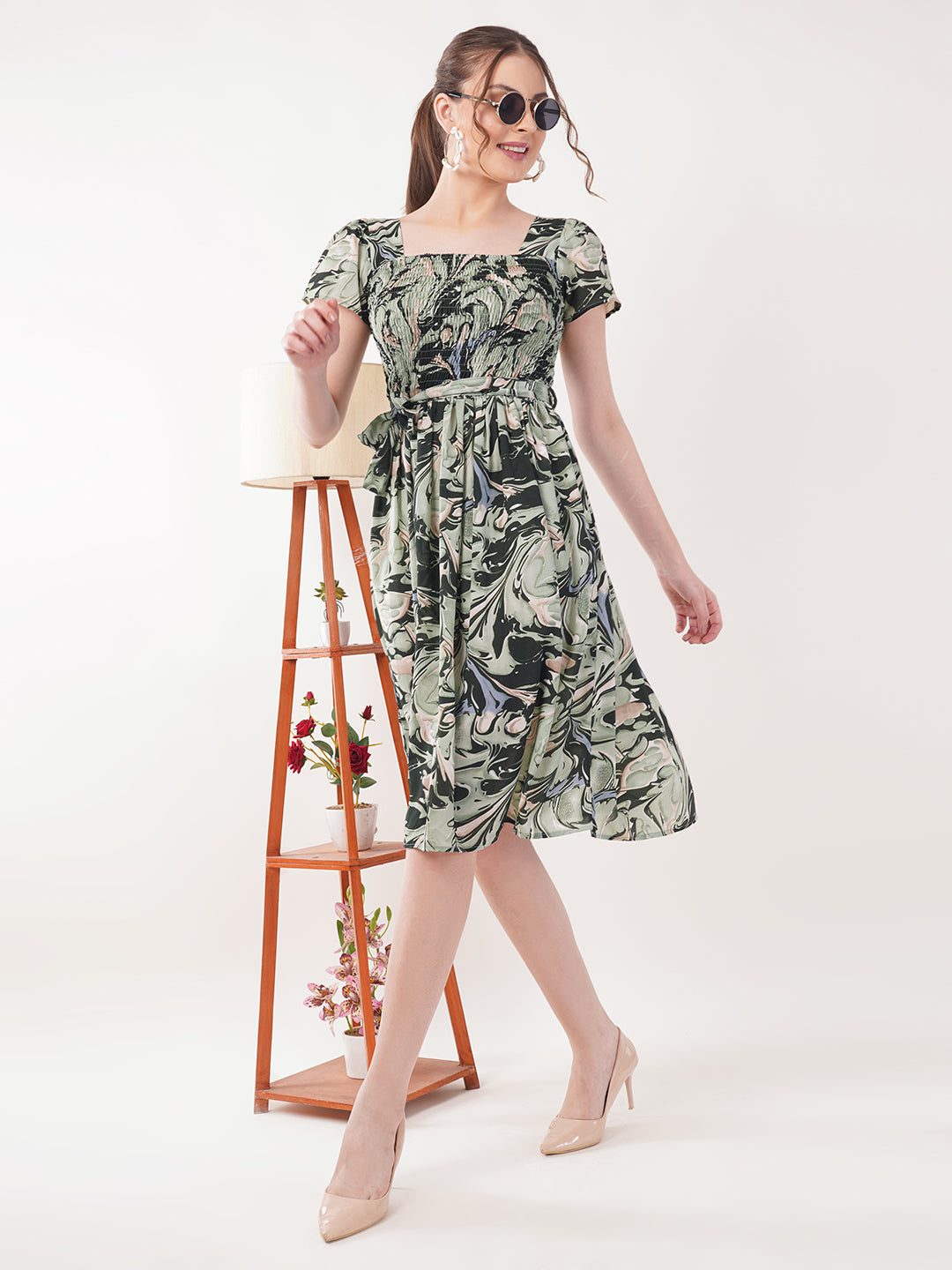 Clobug Women Short Sleeve Printed Fit and Flared Dress