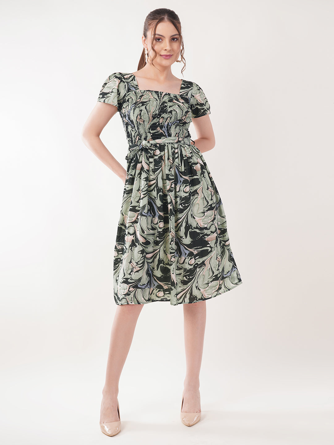 Clobug Women Short Sleeve Printed Fit and Flared Dress