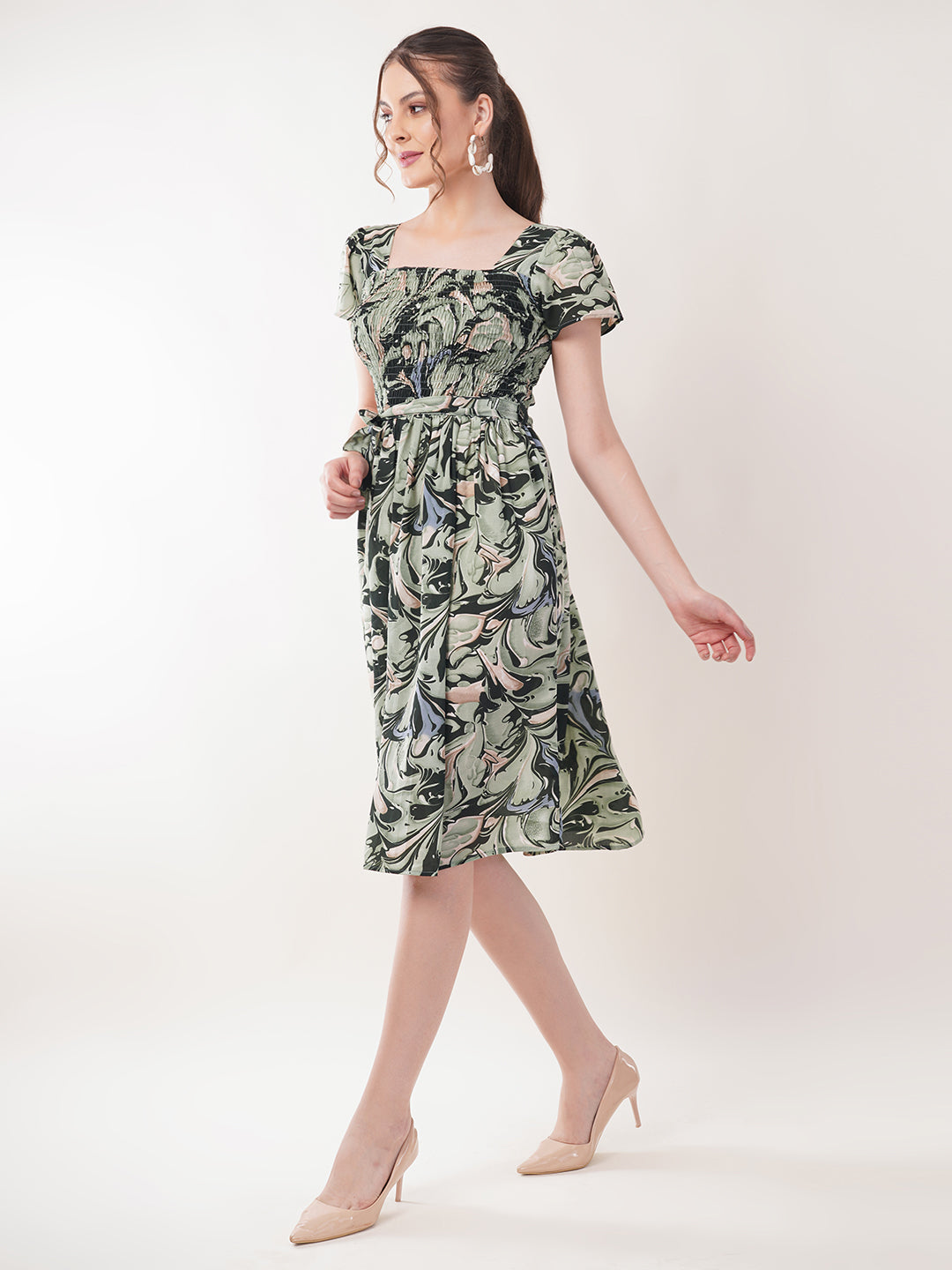 Clobug Women Short Sleeve Printed Fit and Flared Dress