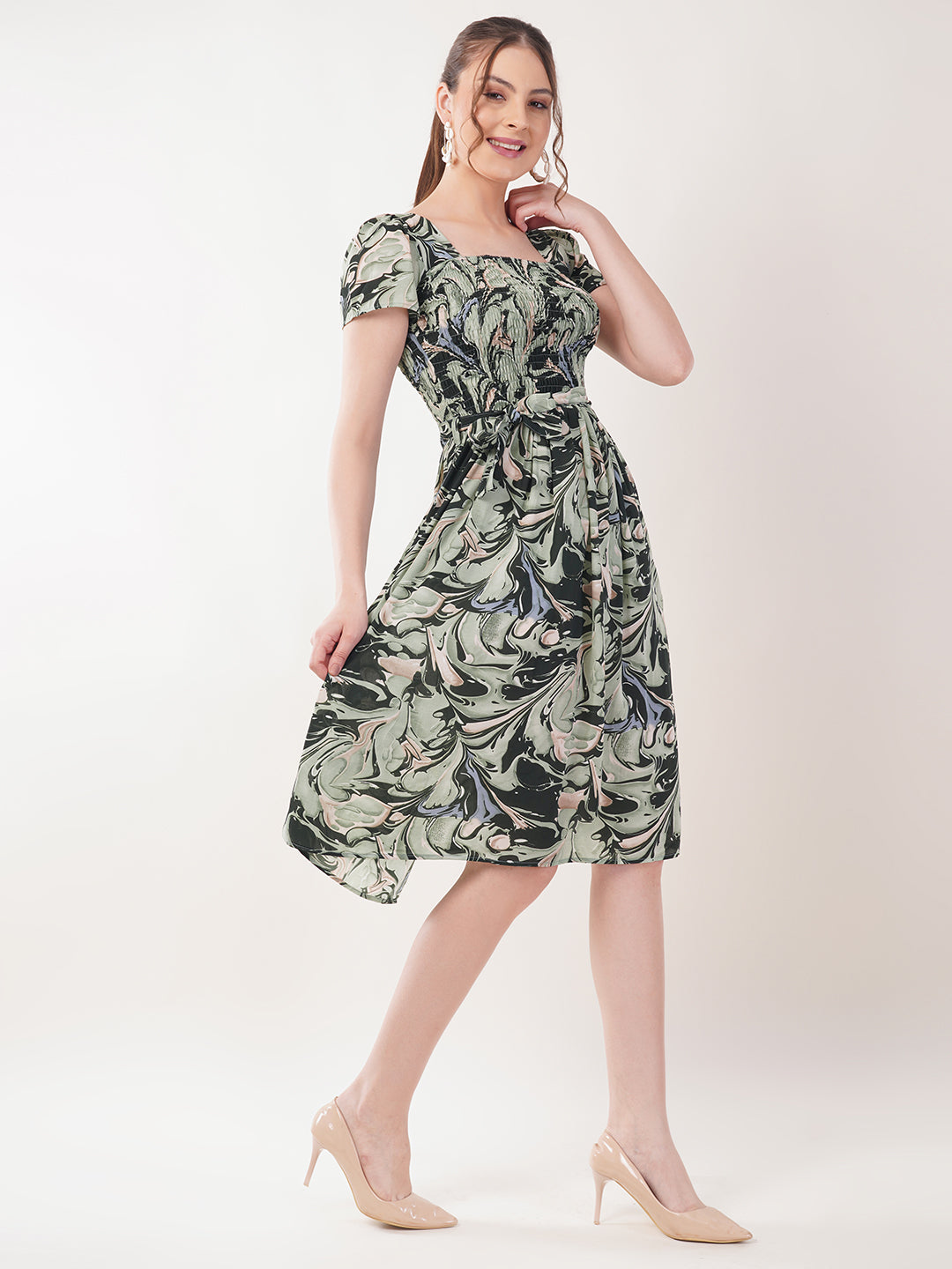 Clobug Women Short Sleeve Printed Fit and Flared Dress