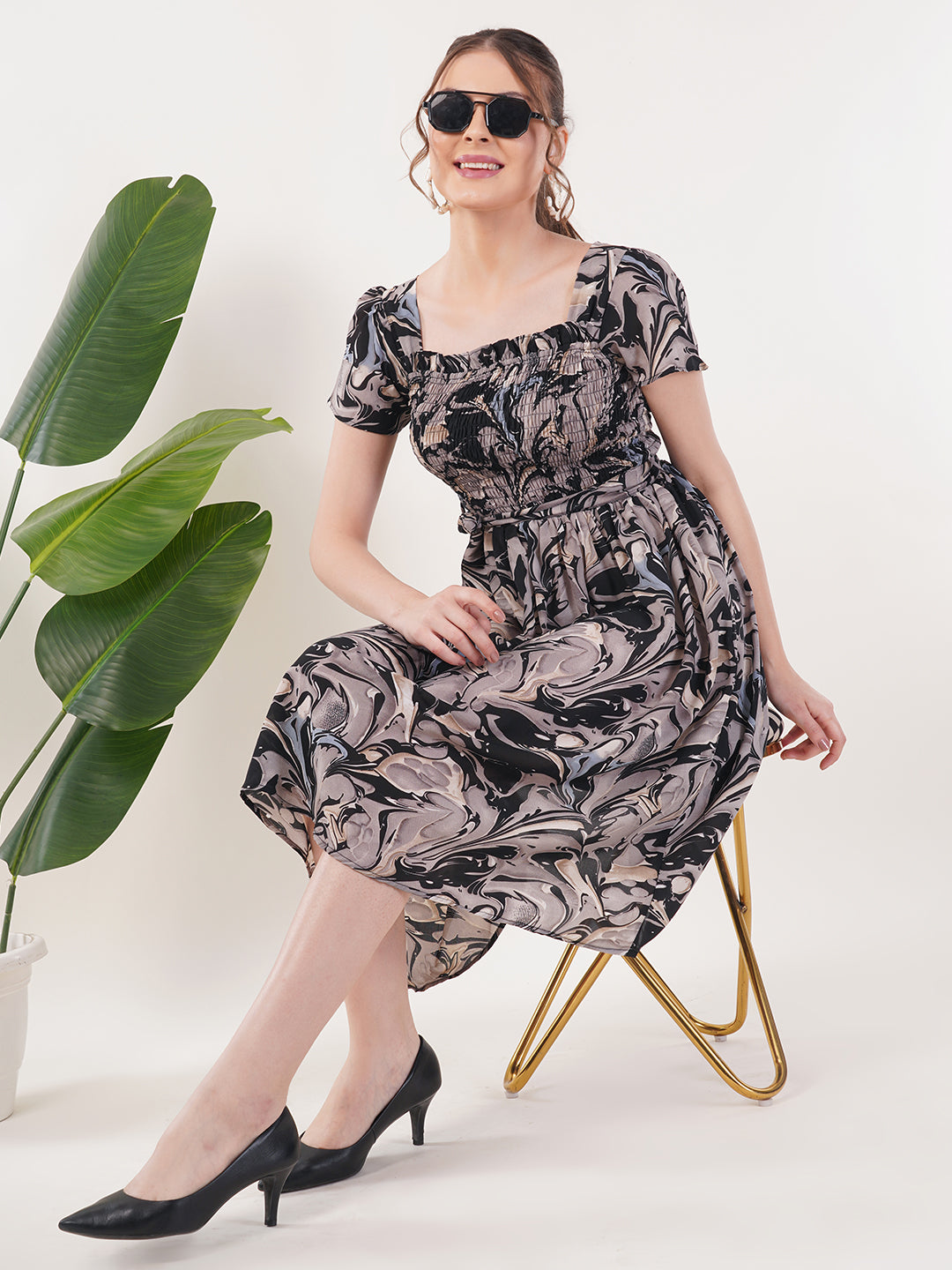 Clobug Women Short Sleeve Printed Fit and Flared Dress