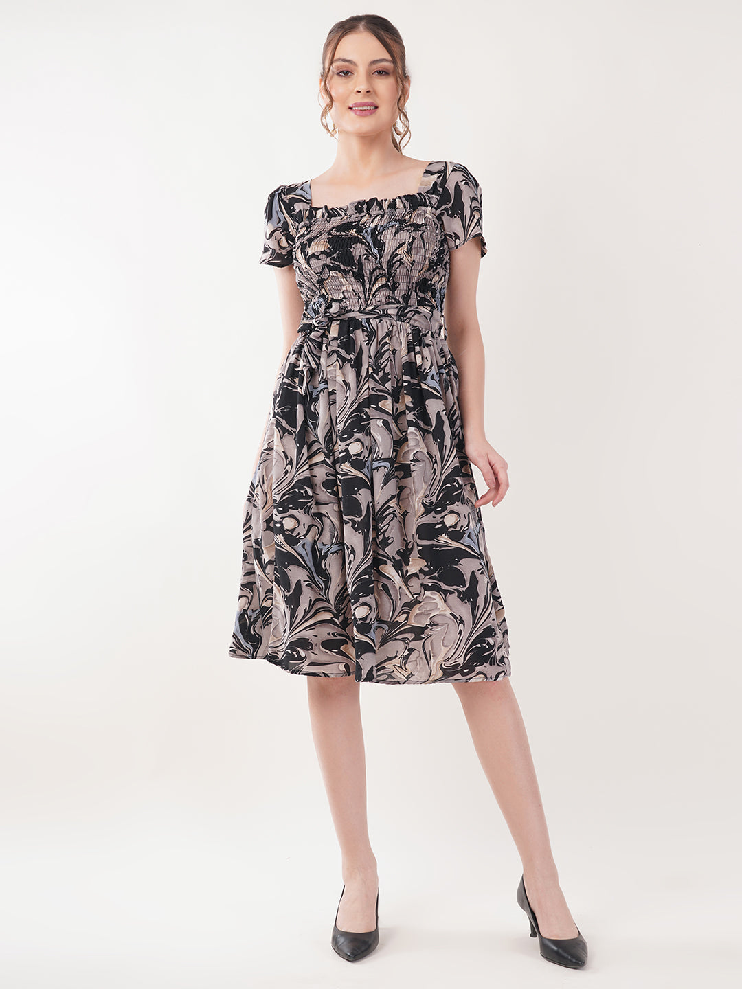 Clobug Women Short Sleeve Printed Fit and Flared Dress