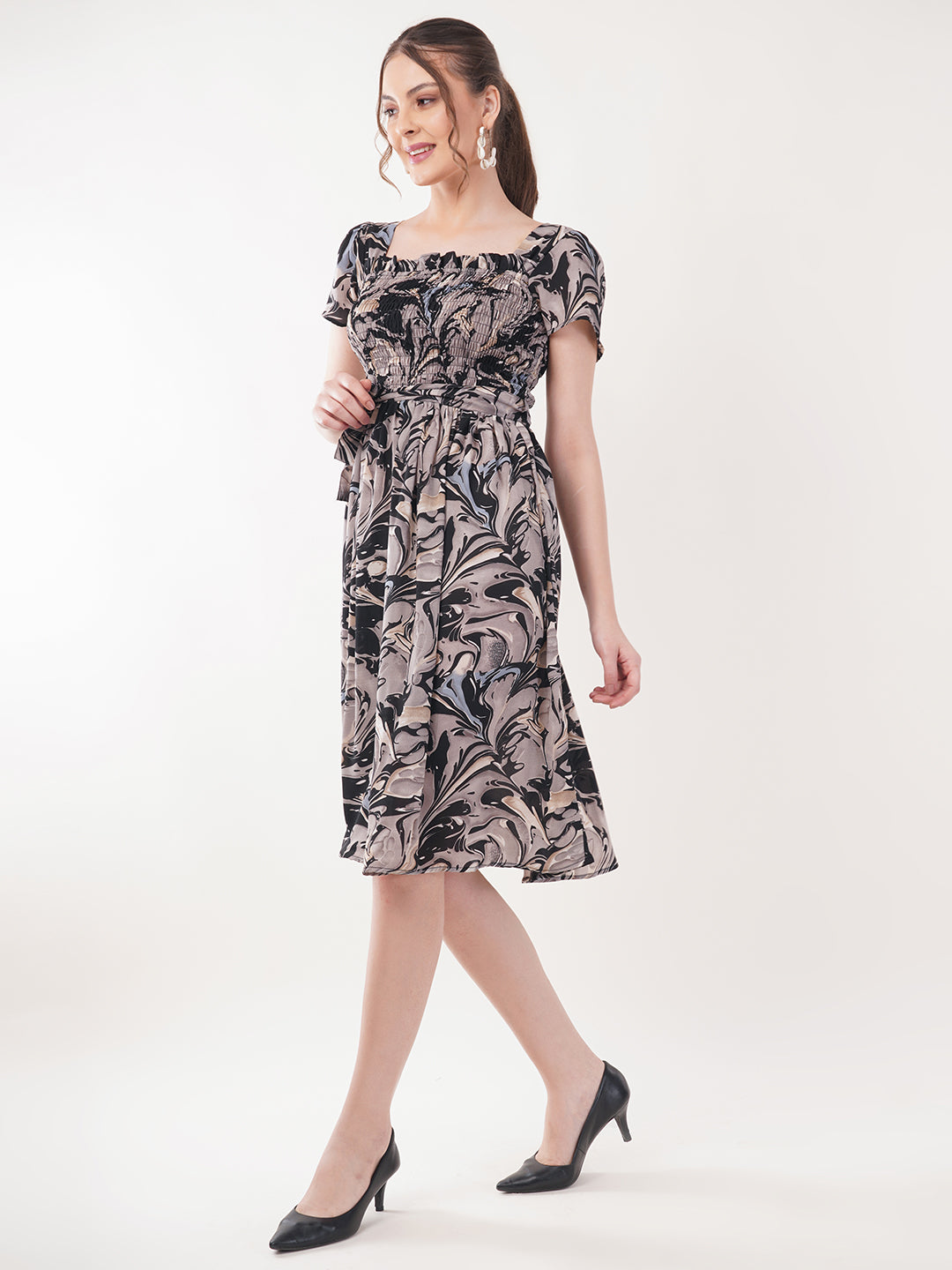 Clobug Women Short Sleeve Printed Fit and Flared Dress