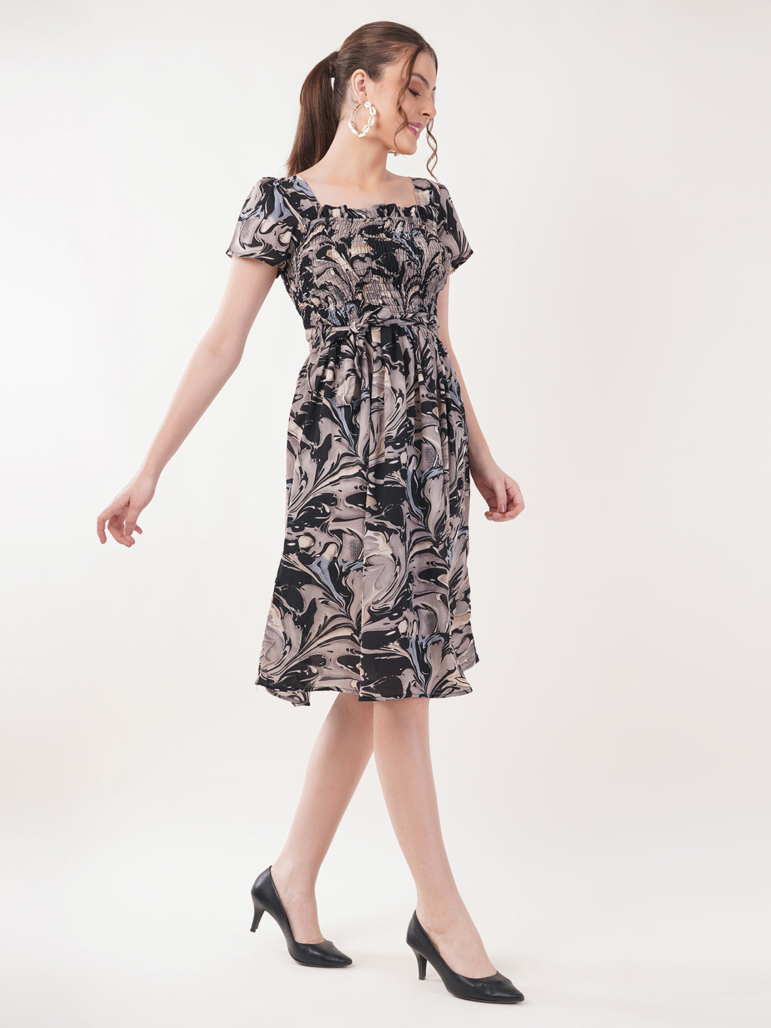 Clobug Women Short Sleeve Printed Fit and Flared Dress