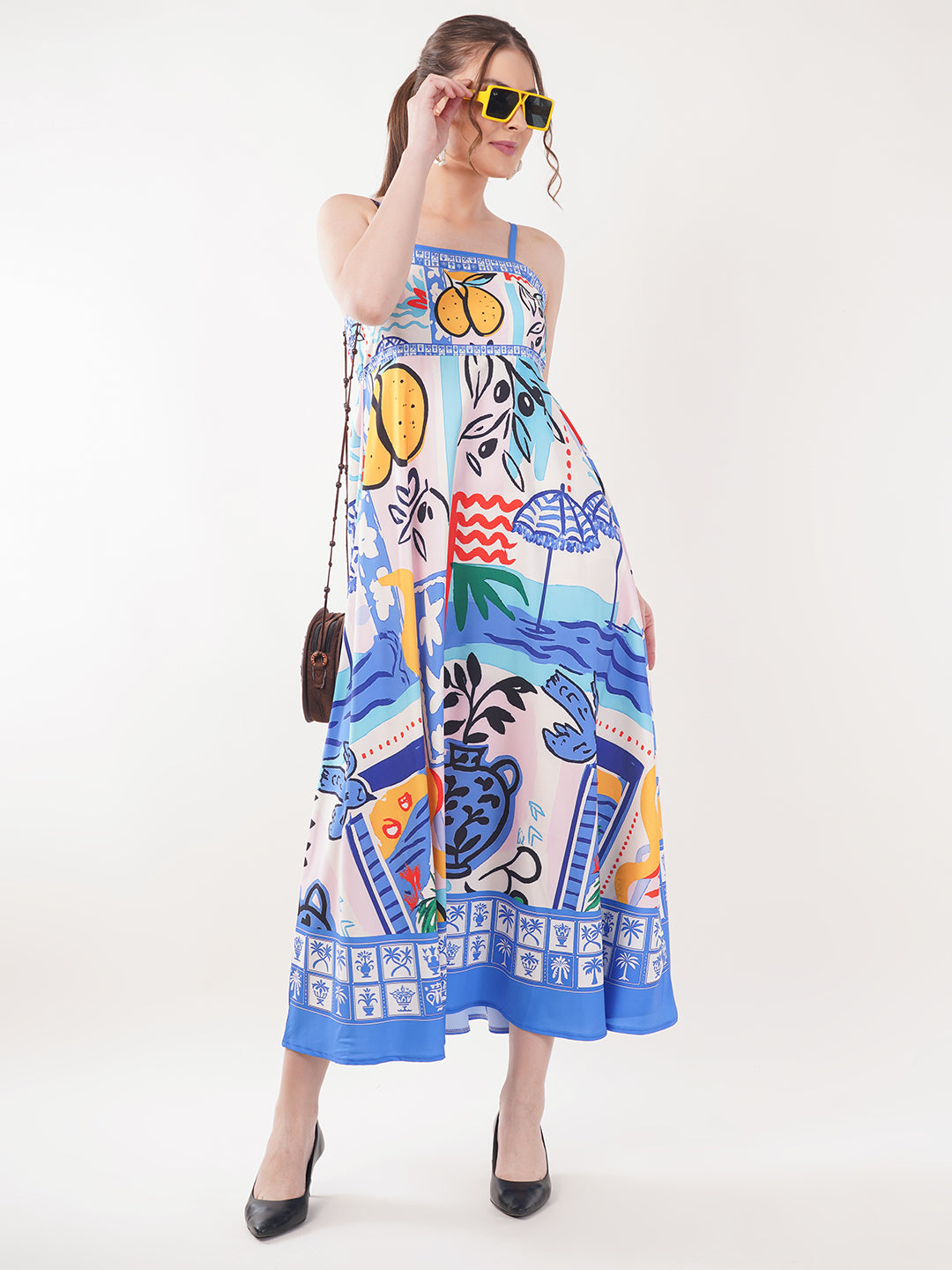 Clobug Women Prined Sleeveless Crepe Midi Dress