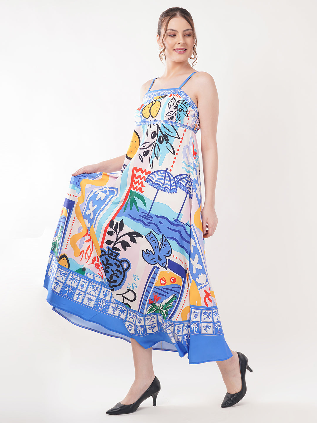 Clobug Women Prined Sleeveless Crepe Midi Dress