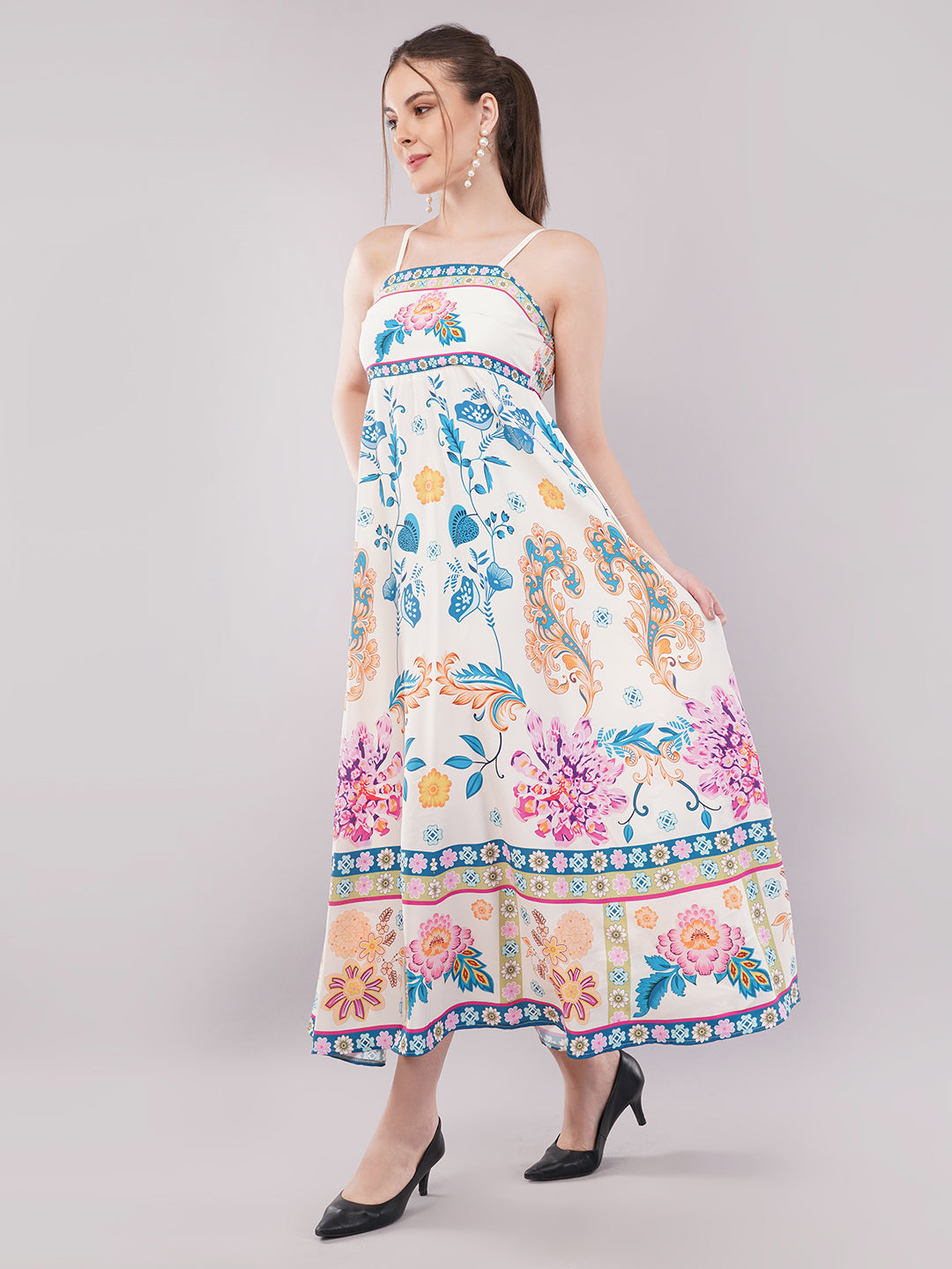 Clobug Women Prined Sleeveless Crepe Midi Dress