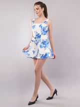 Clobug Women Sleeveless Printed White Short Dress