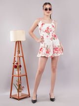 Clobug Women Sleeveless Printed White Short Dress