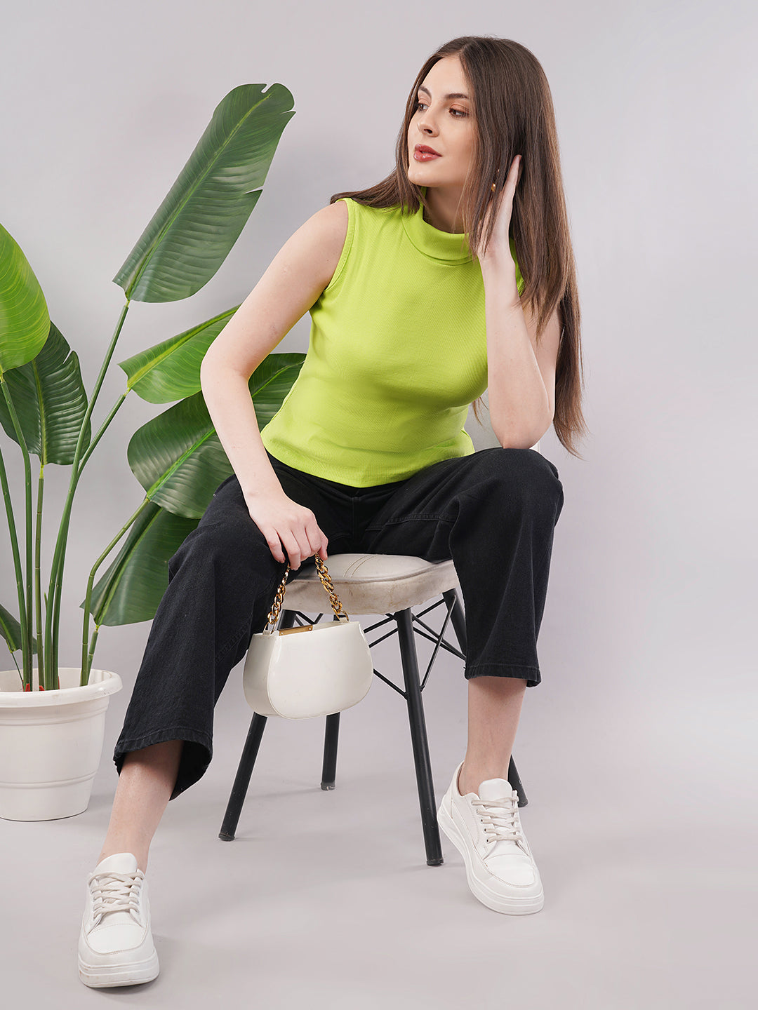 Clobug Women Cotton Blend High Neck Regular Sleeveless Top