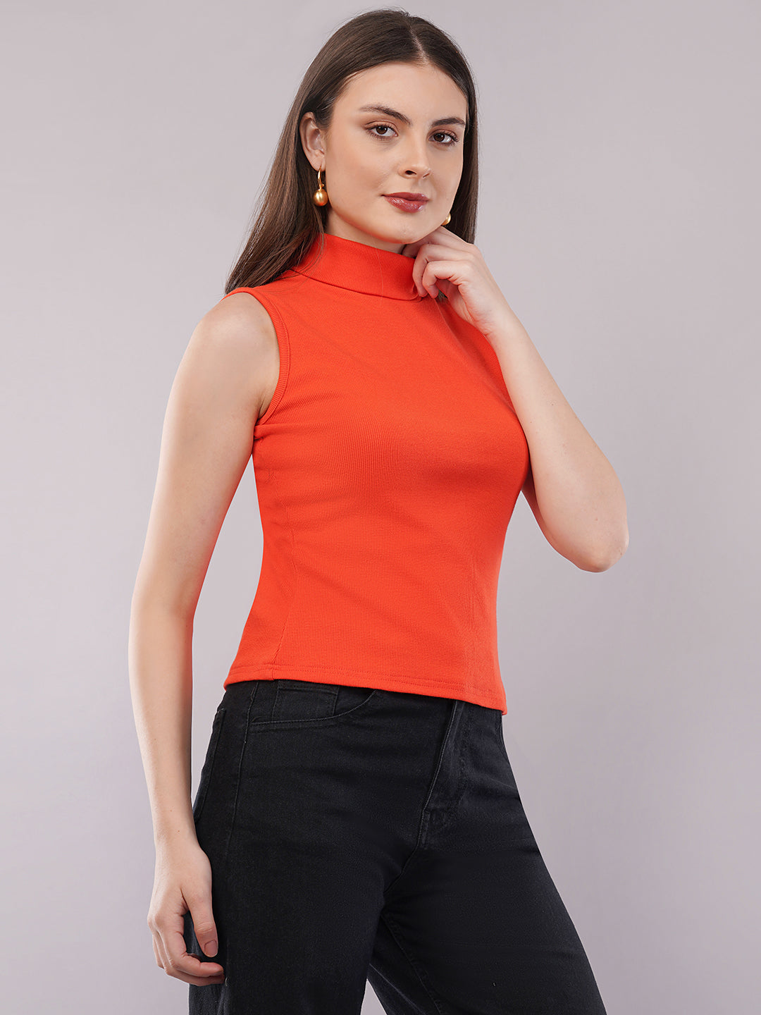 Clobug Women Cotton Blend High Neck Regular Sleeveless Top