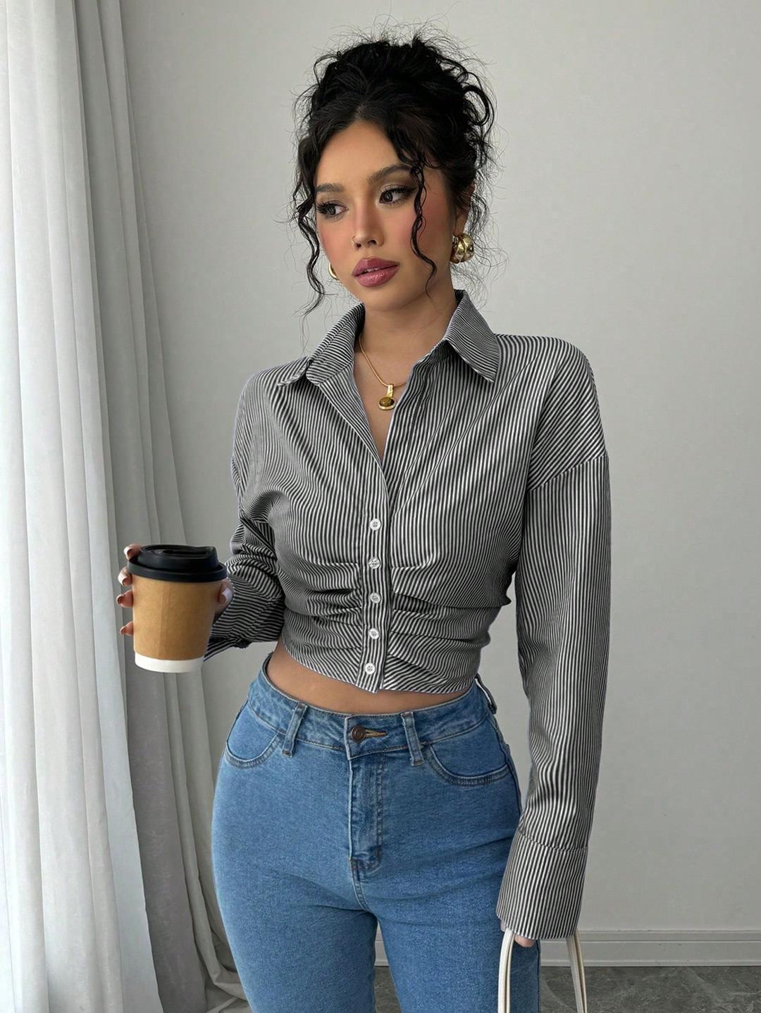 Clobug Women Striped Print Full Sleeve Shirt