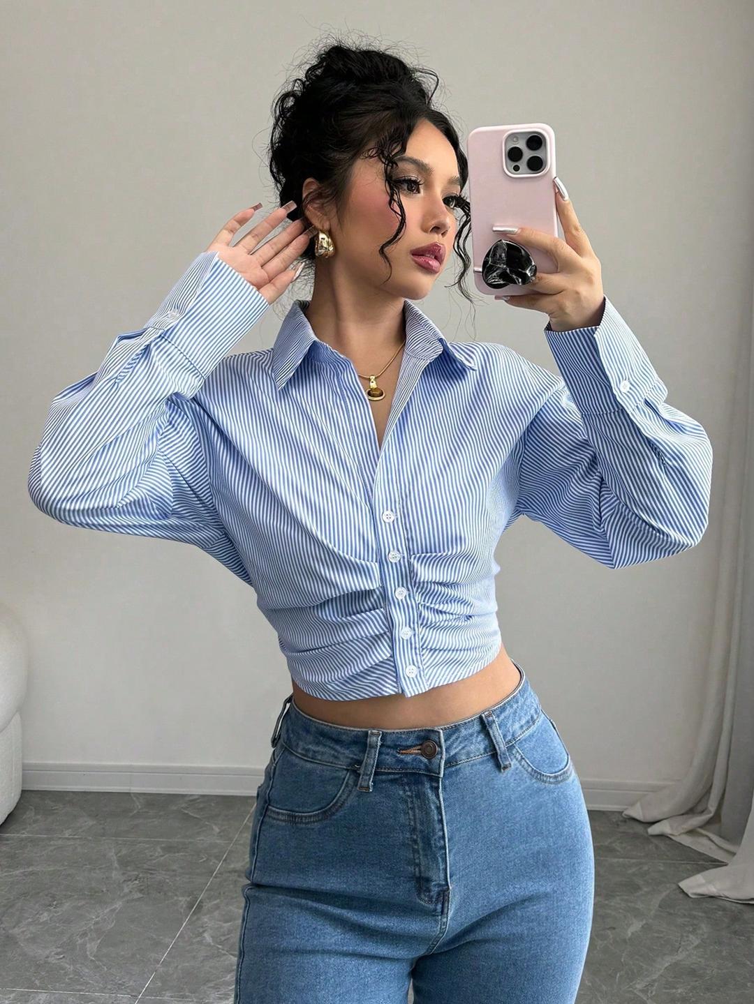 Clobug Women Striped Print Full Sleeve Shirt