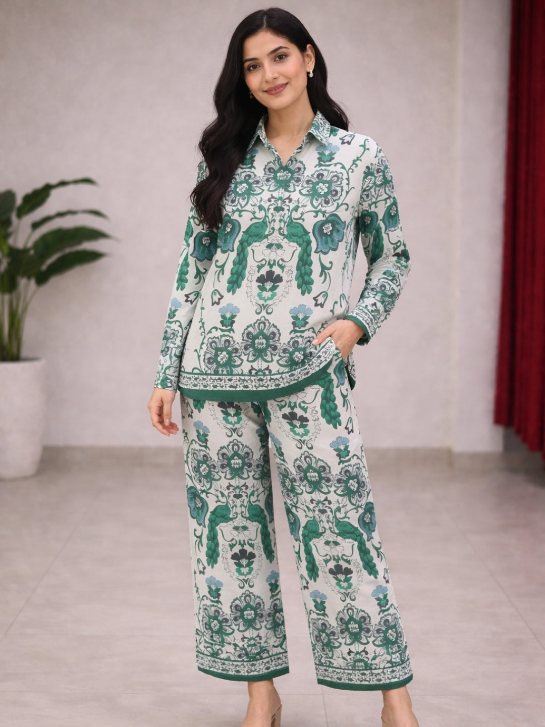 Clobug Women Ethnic Print Collared Button-Down Co-Ord Set