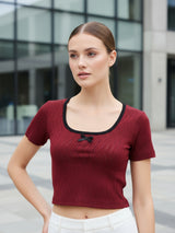 Clobug Women Scoop Neck Cotton Blend Crop Maroon Top