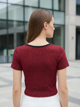 Clobug Women Scoop Neck Cotton Blend Crop Maroon Top