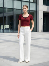 Clobug Women Scoop Neck Cotton Blend Crop Maroon Top