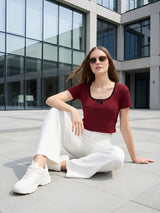 Clobug Women Scoop Neck Cotton Blend Crop Maroon Top