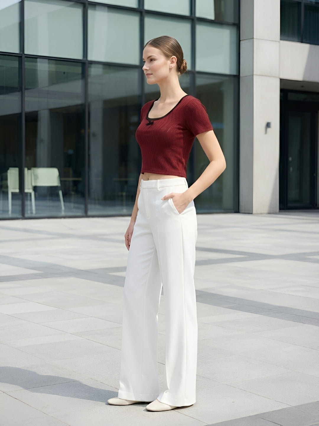 Clobug Women Scoop Neck Cotton Blend Crop Maroon Top