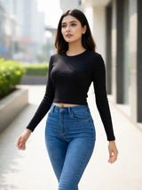 Clobug Women Cotton Blend Full Sleeve Crop Top