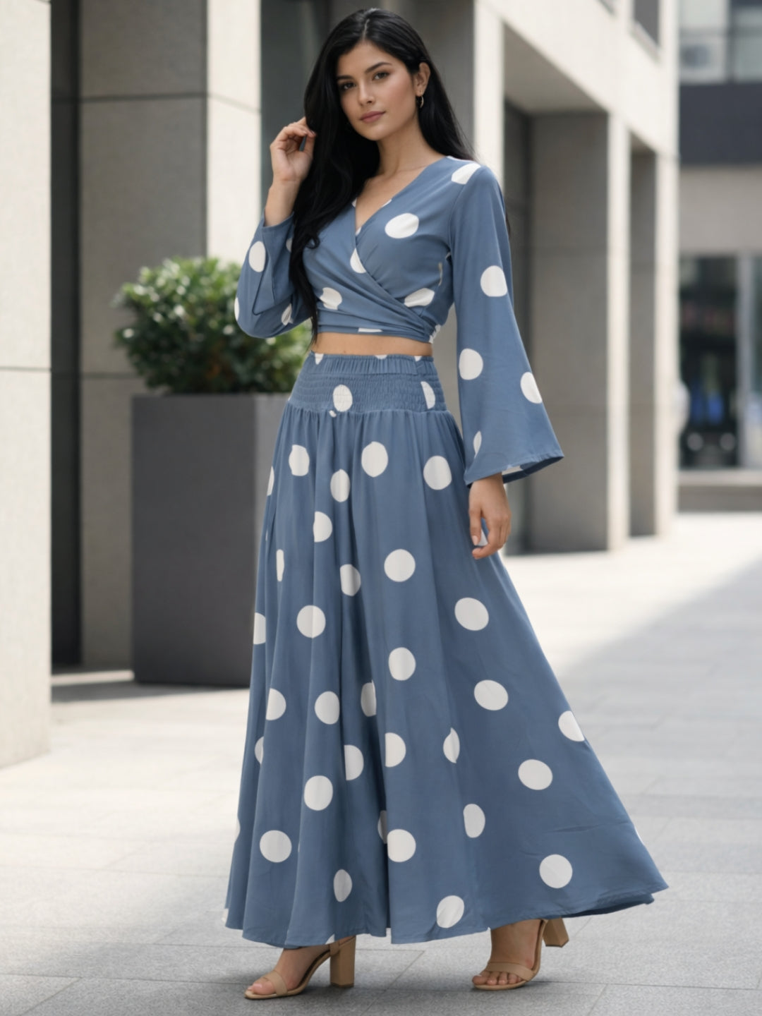 clobug-women-polka-printed-full-sleeve-crepe-top-skirt-set