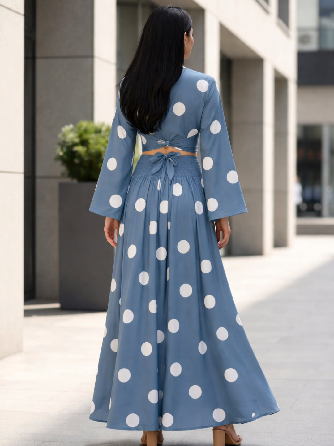 clobug-women-polka-printed-full-sleeve-crepe-top-skirt-set