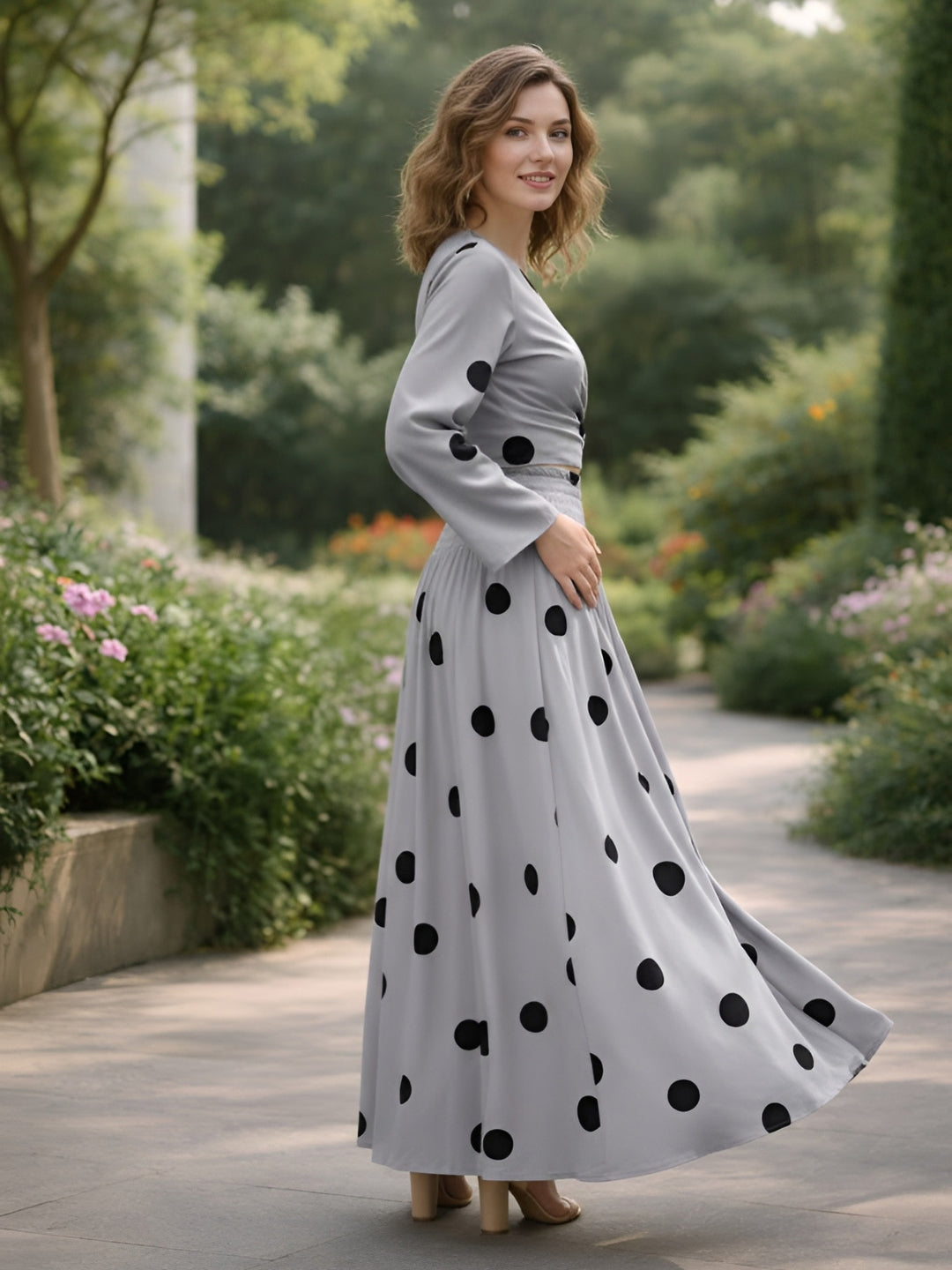clobug-women-polka-printed-full-sleeve-crepe-top-skirt-set
