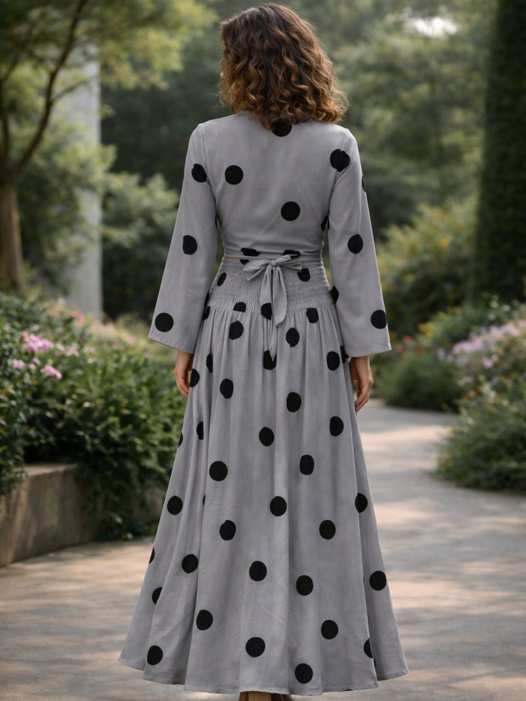 clobug-women-polka-printed-full-sleeve-crepe-top-skirt-set