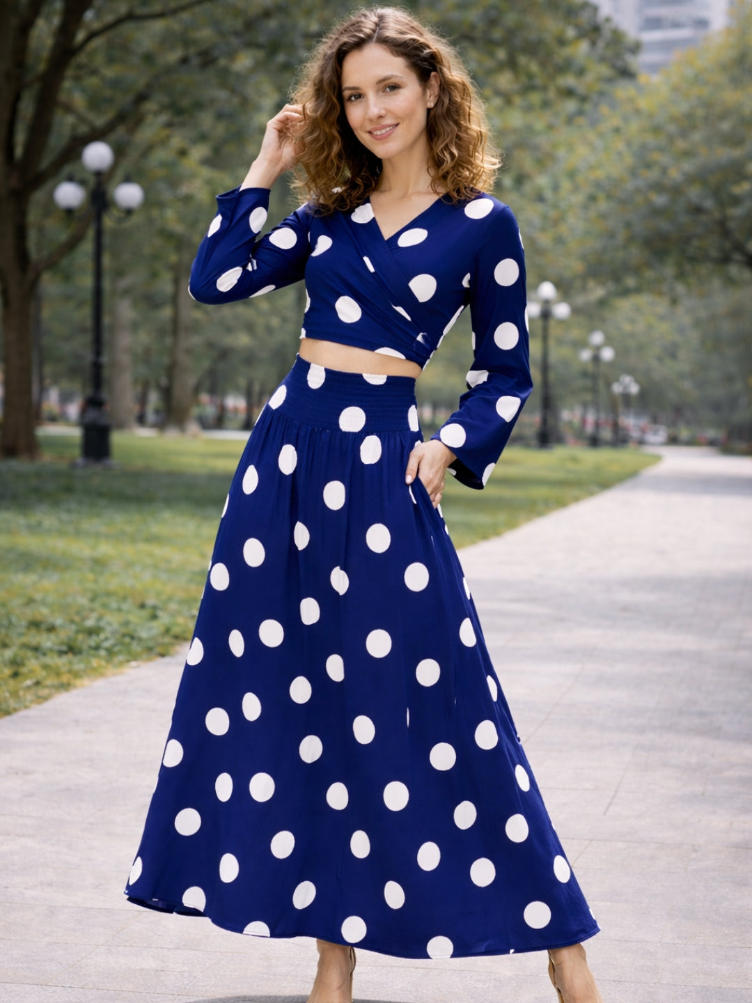 clobug-women-polka-printed-full-sleeve-crepe-top-skirt-set