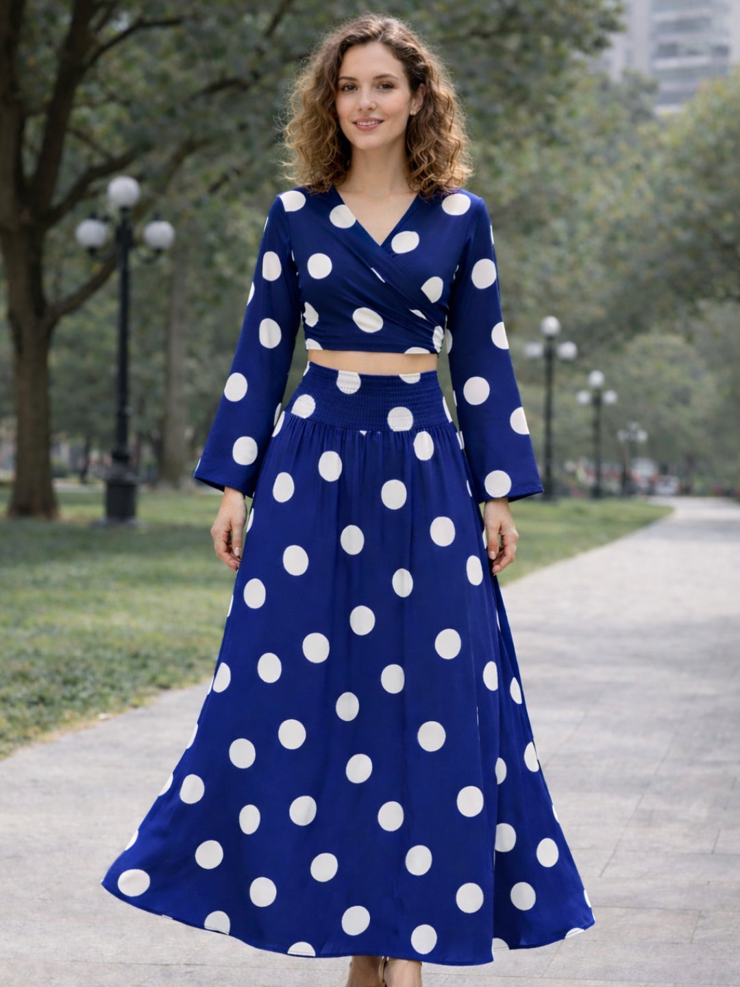 clobug-women-polka-printed-full-sleeve-crepe-top-skirt-set