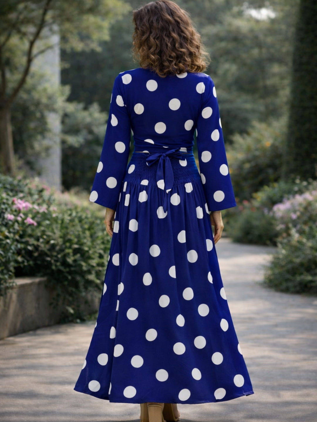 clobug-women-polka-printed-full-sleeve-crepe-top-skirt-set