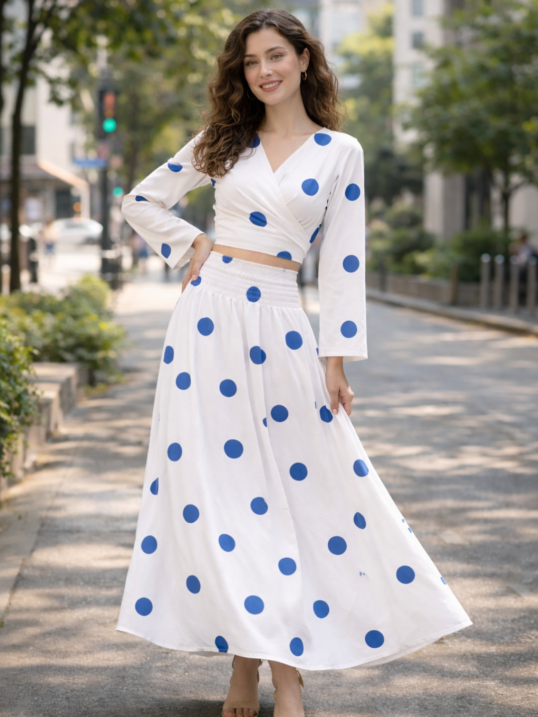 clobug-women-polka-printed-full-sleeve-crepe-top-skirt-set