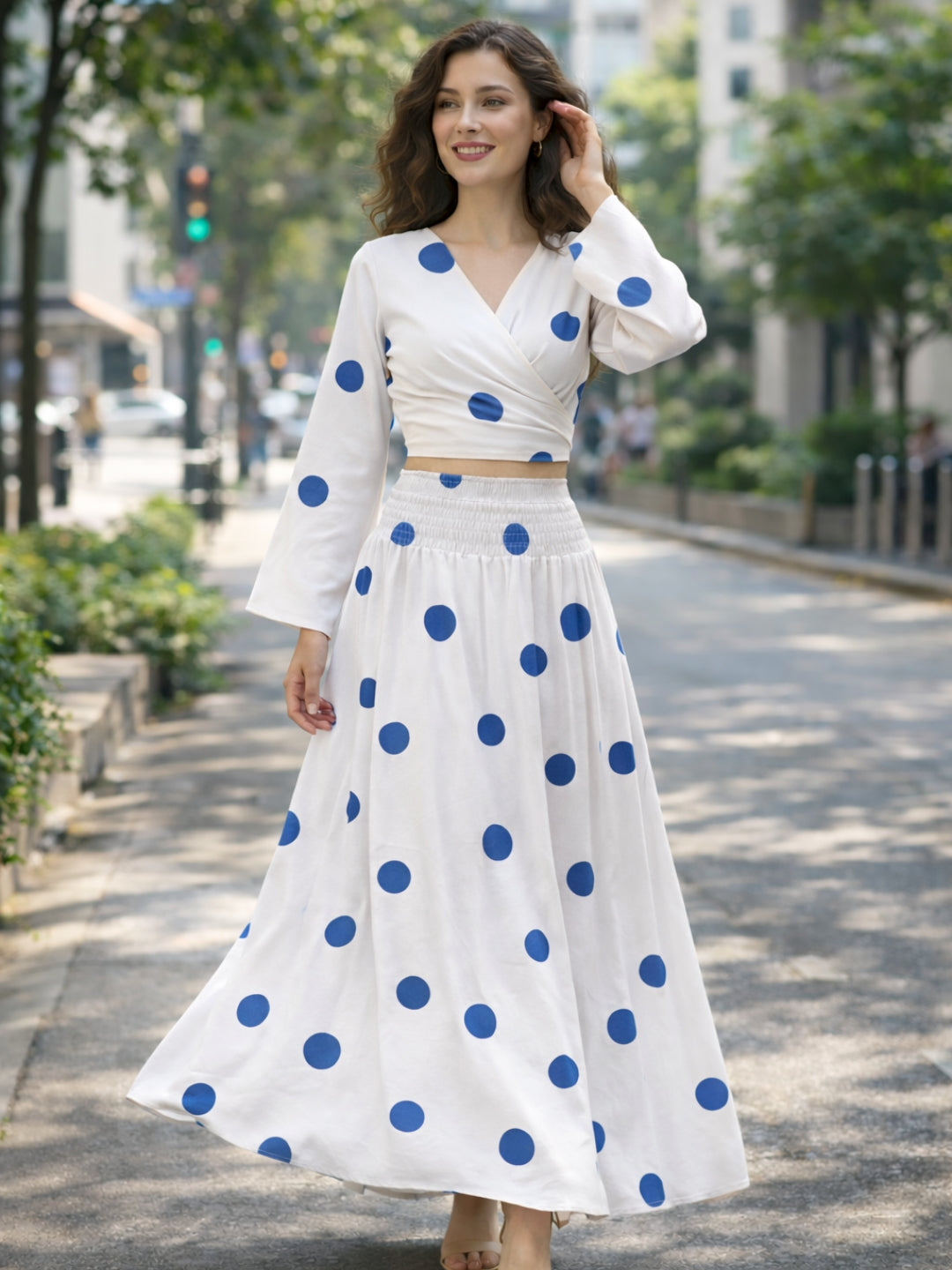 clobug-women-polka-printed-full-sleeve-crepe-top-skirt-set