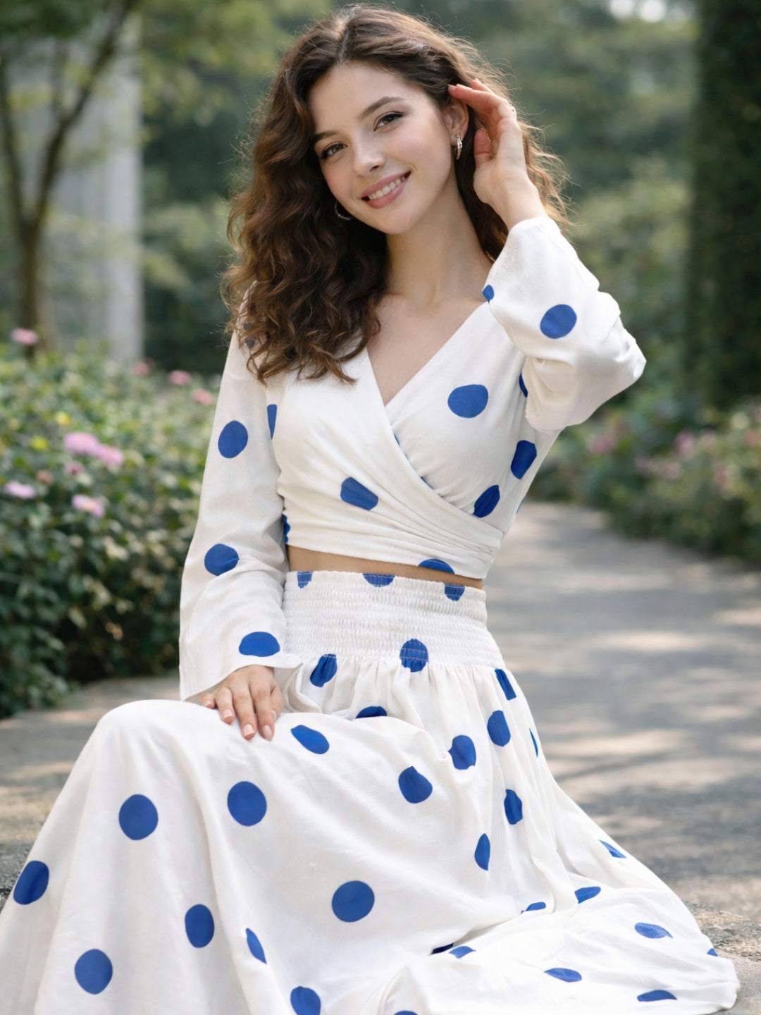 clobug-women-polka-printed-full-sleeve-crepe-top-skirt-set