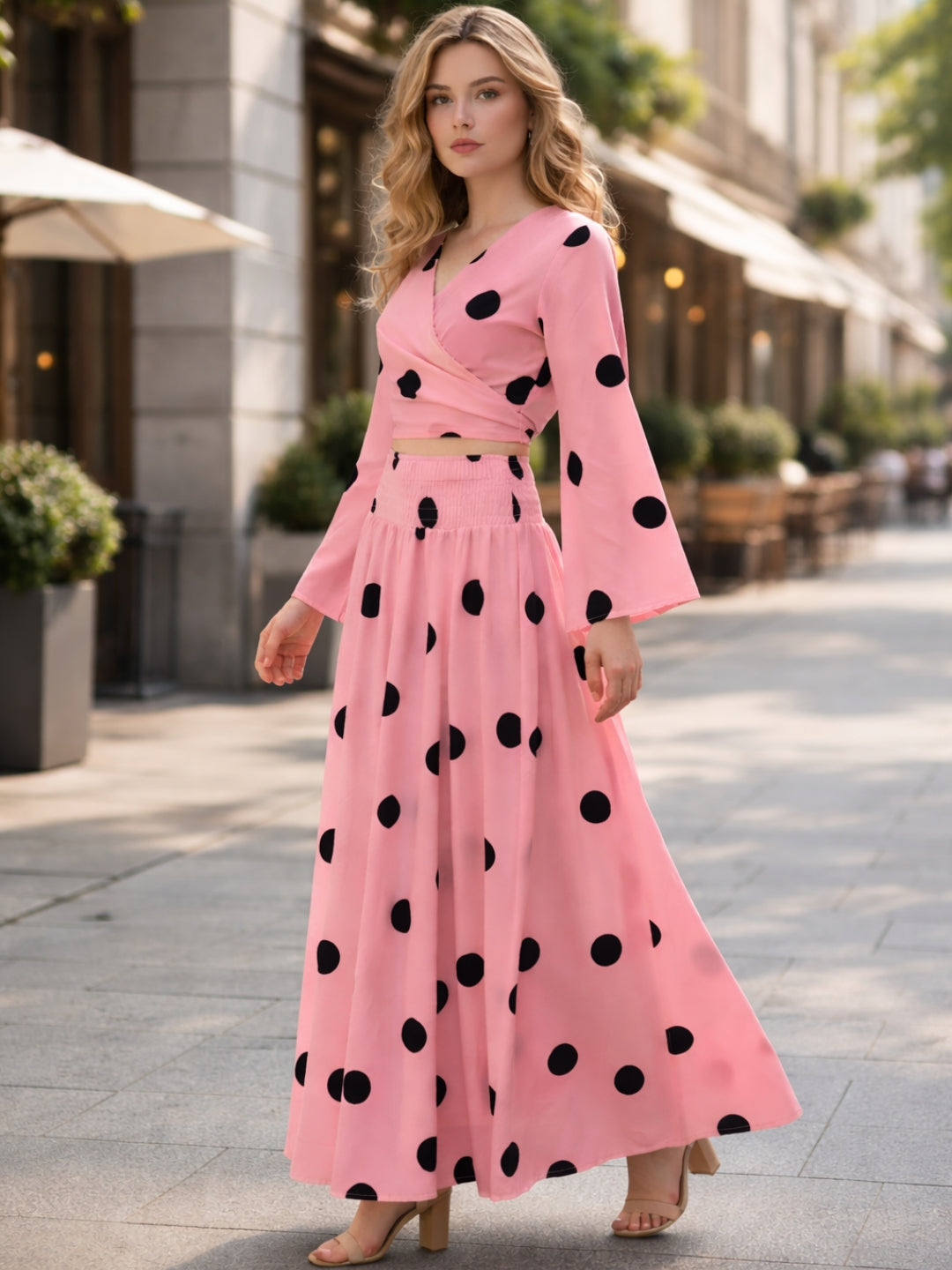 clobug-women-polka-printed-full-sleeve-crepe-top-skirt-set