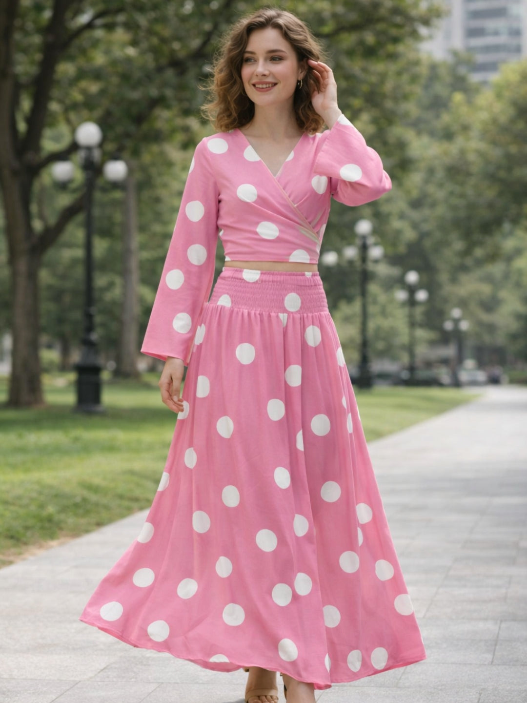 clobug-women-polka-printed-full-sleeve-crepe-top-skirt-set