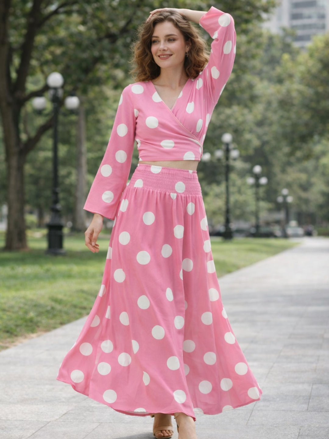 clobug-women-polka-printed-full-sleeve-crepe-top-skirt-set