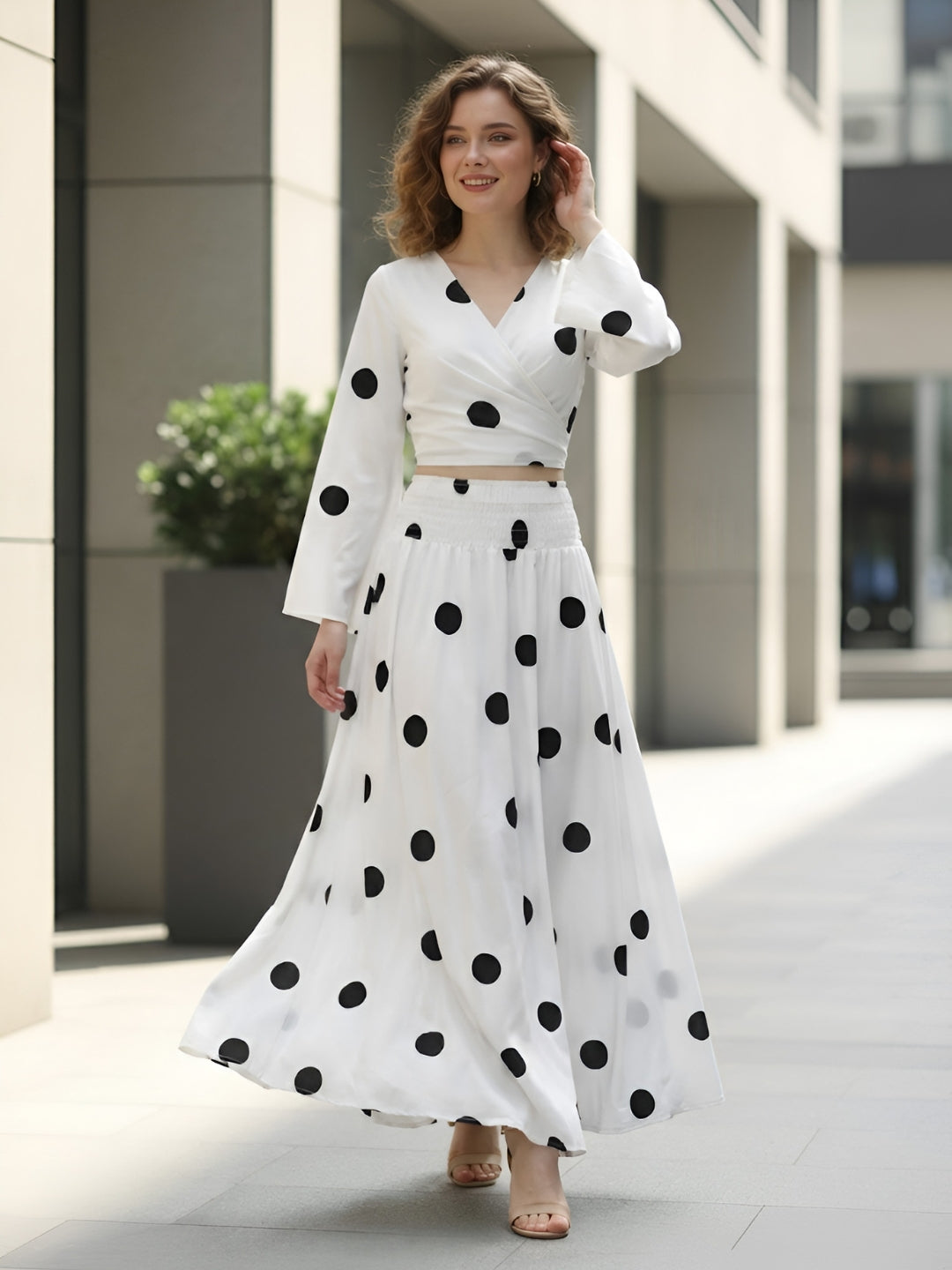 clobug-women-polka-printed-full-sleeve-crepe-top-skirt-set