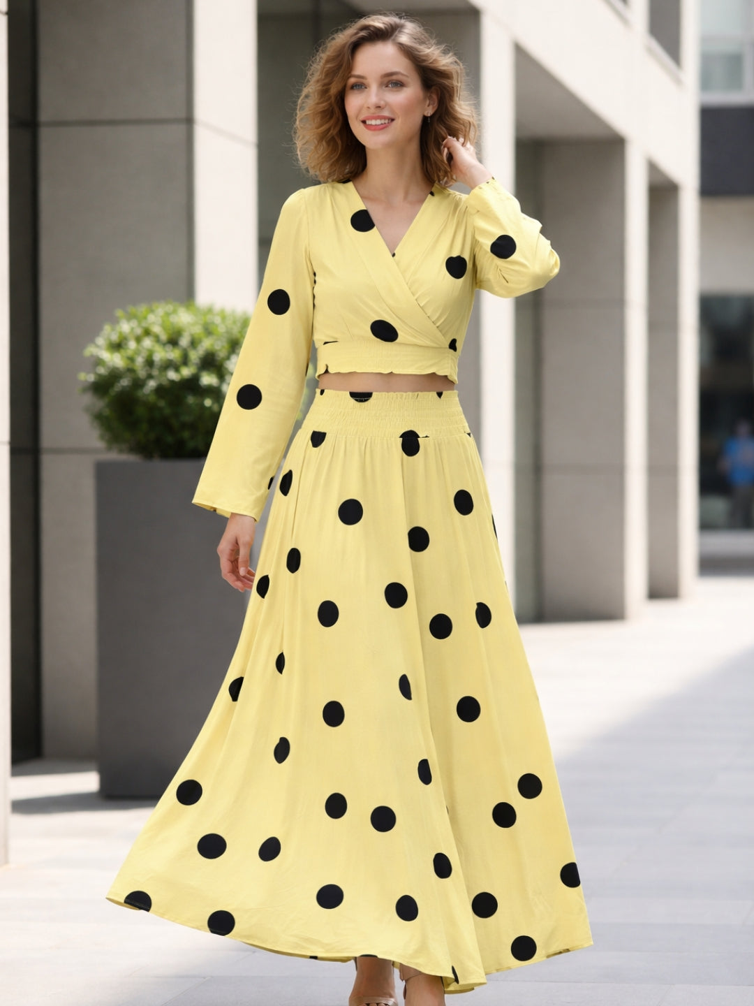 clobug-women-polka-printed-full-sleeve-crepe-top-skirt-set