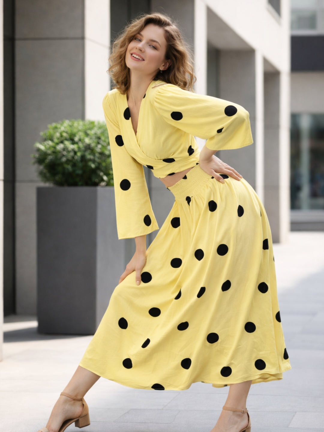 clobug-women-polka-printed-full-sleeve-crepe-top-skirt-set