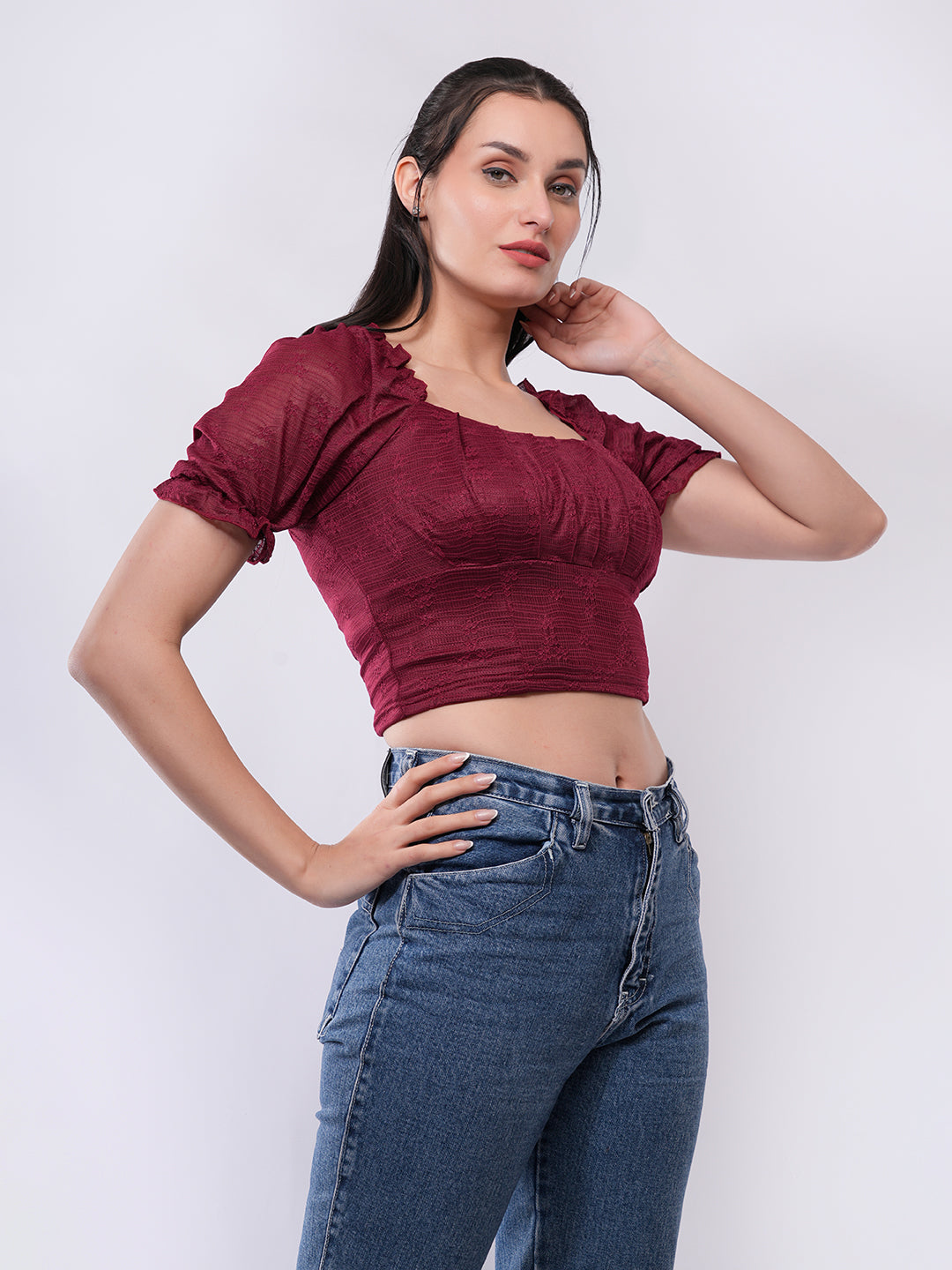 Clobug Women’s Textured Puff Sleeve Crop Top