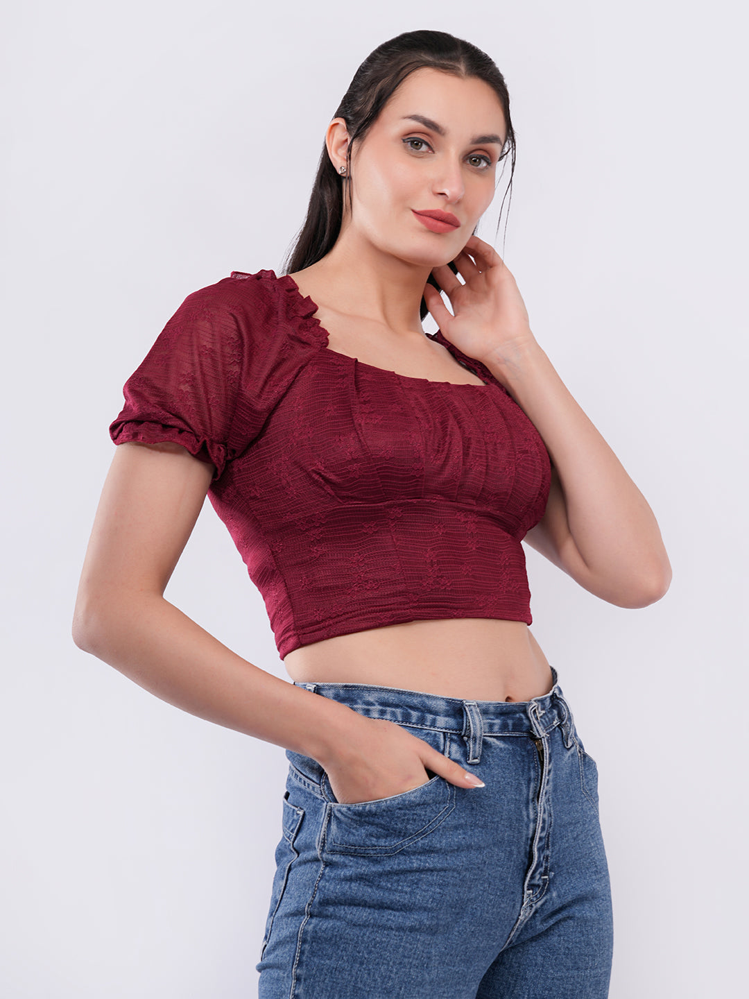 Clobug Women’s Textured Puff Sleeve Crop Top