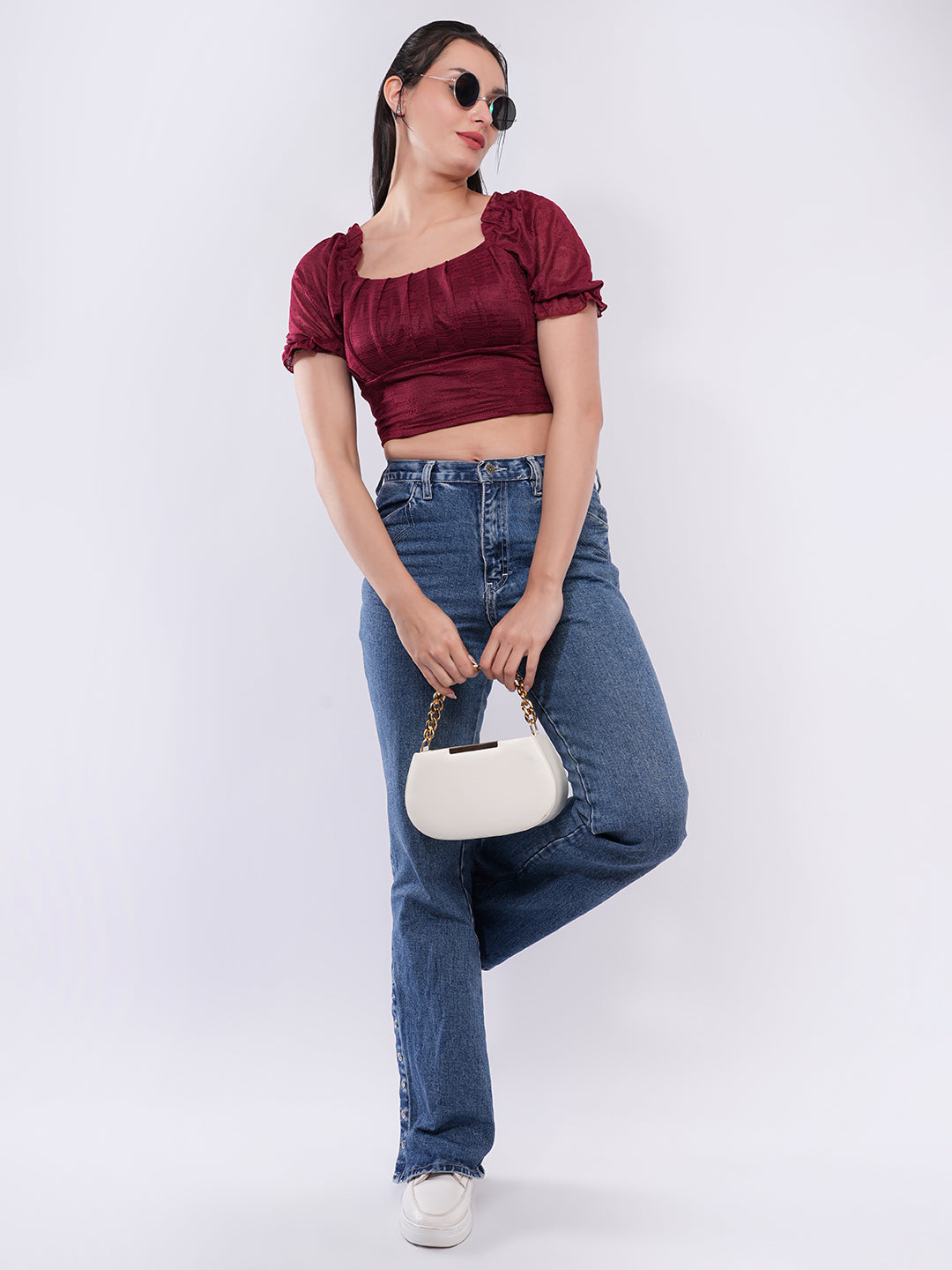 Clobug Women’s Textured Puff Sleeve Crop Top