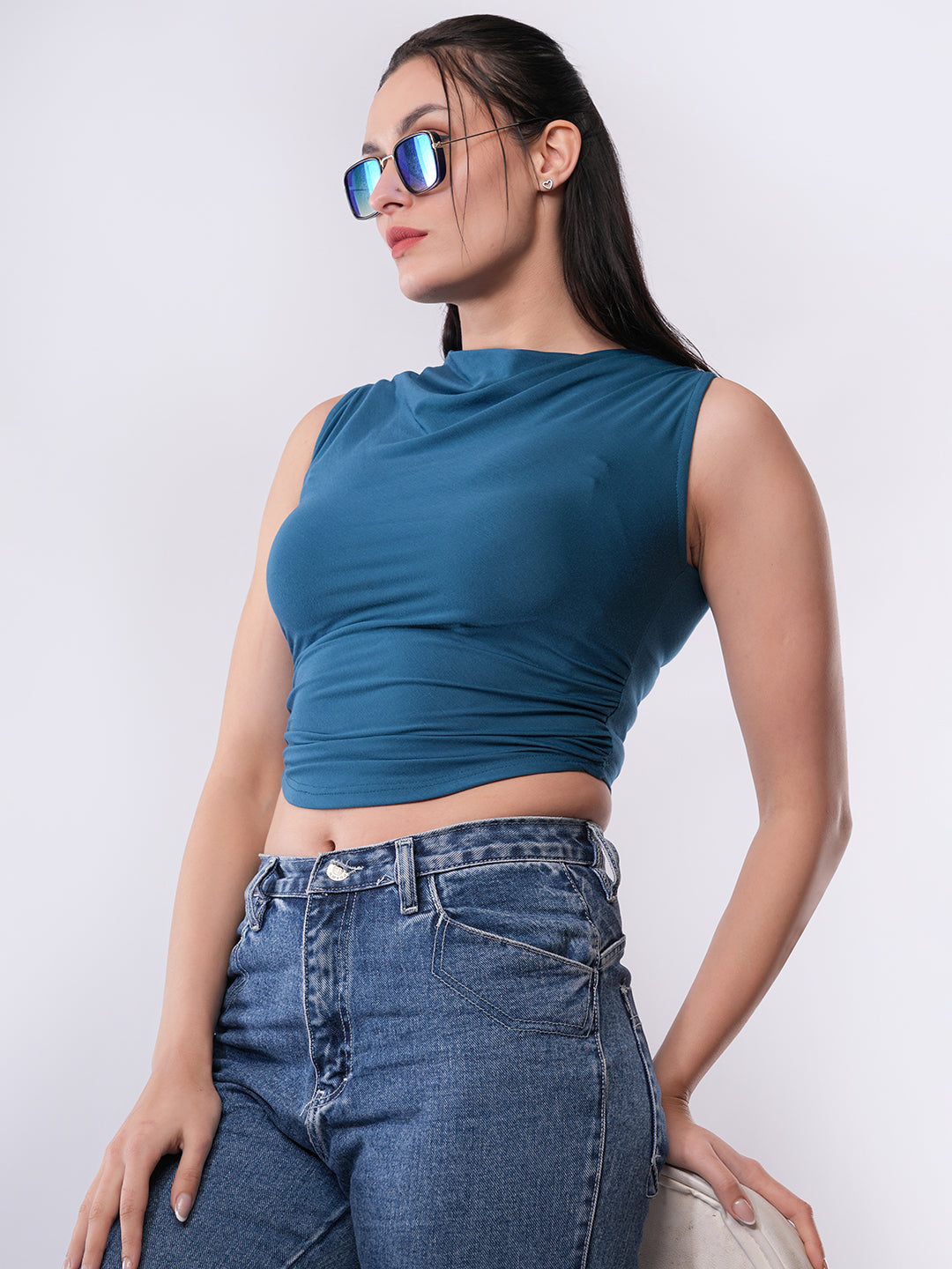 Clobug Women’s Draped Neck Sleeveless Crop Top