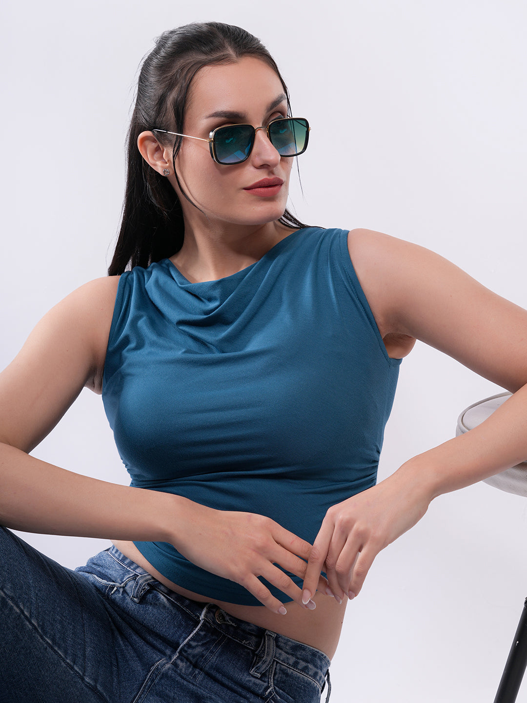 Clobug Women’s Draped Neck Sleeveless Crop Top